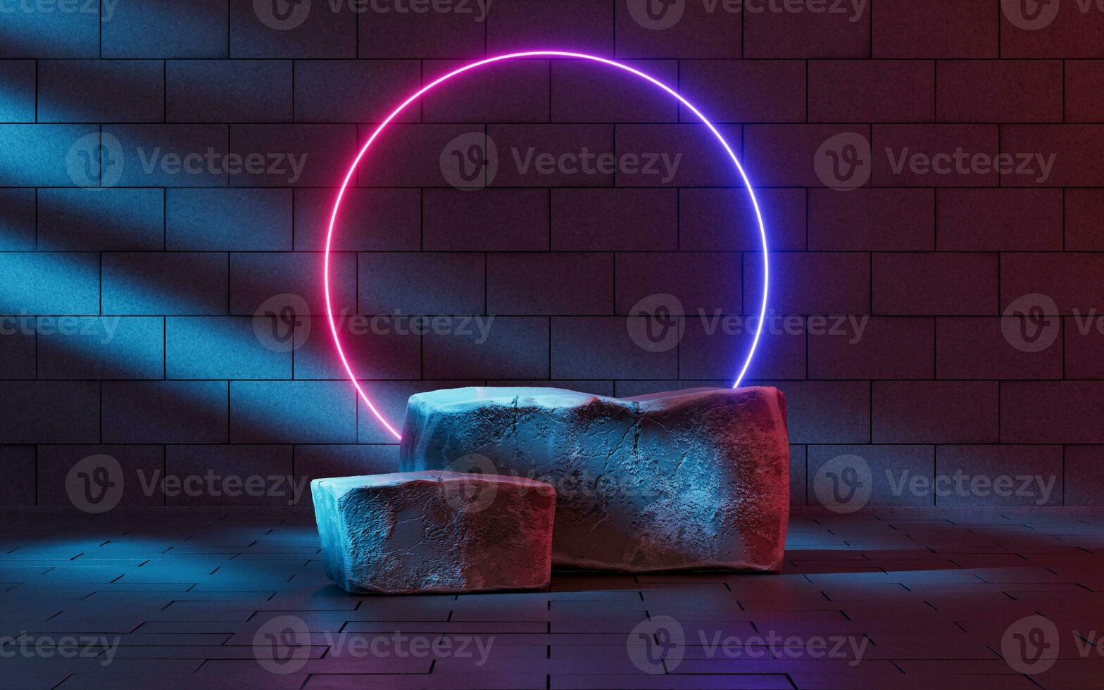 Glowing neon lines and rough rock, 3d rendering. photo