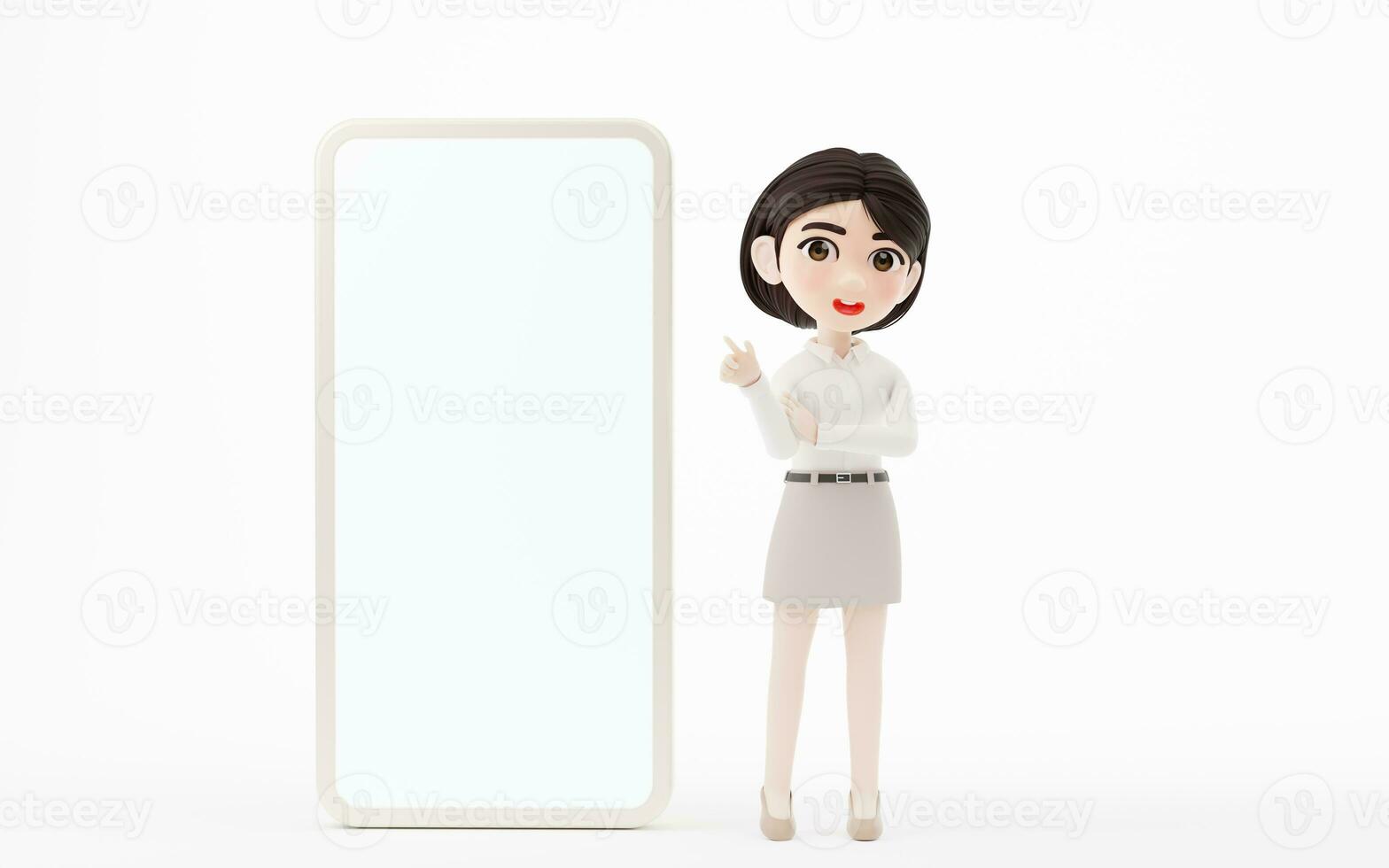 Cartoon girl with white shirt and khaki skirt, 3d rendering. photo