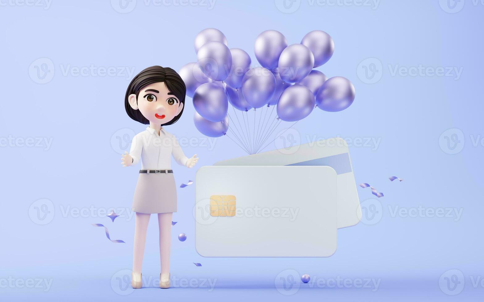 Cartoon girl with bank card, 3d rendering. photo