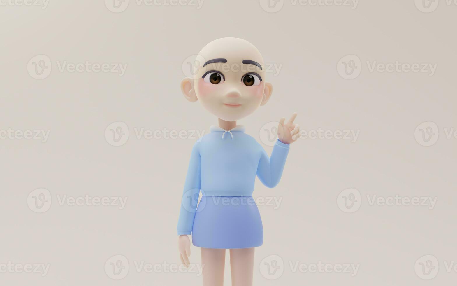 Little girl with bald head with cartoon style, 3d rendering. photo