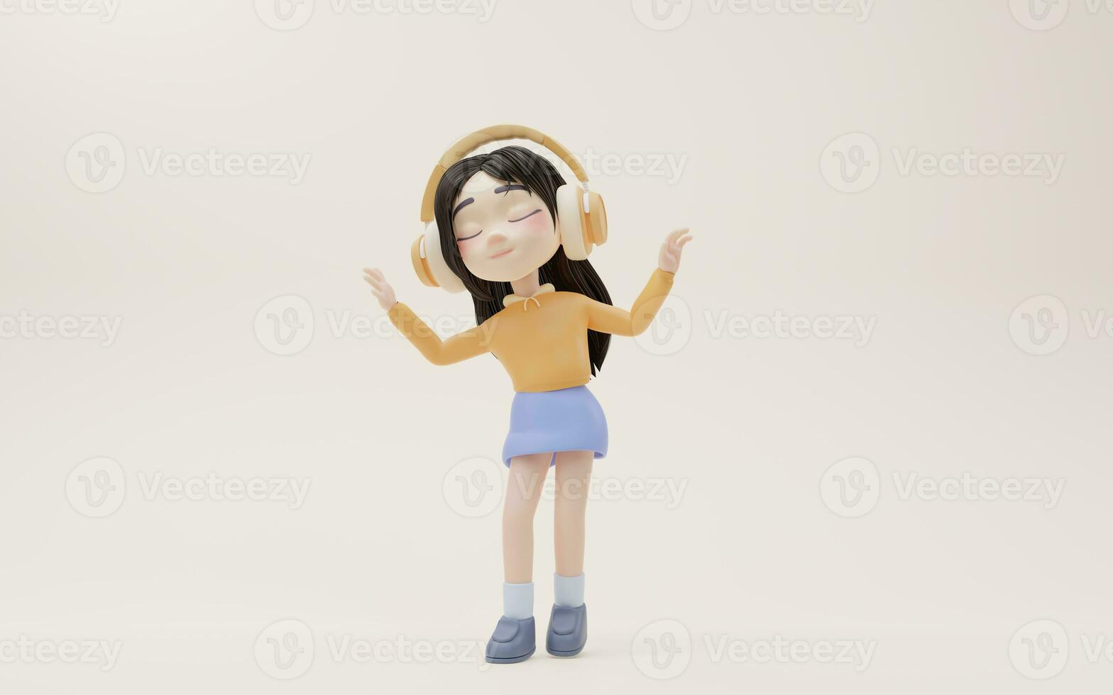 Little girl listening to music with cartoon style, 3d rendering. photo