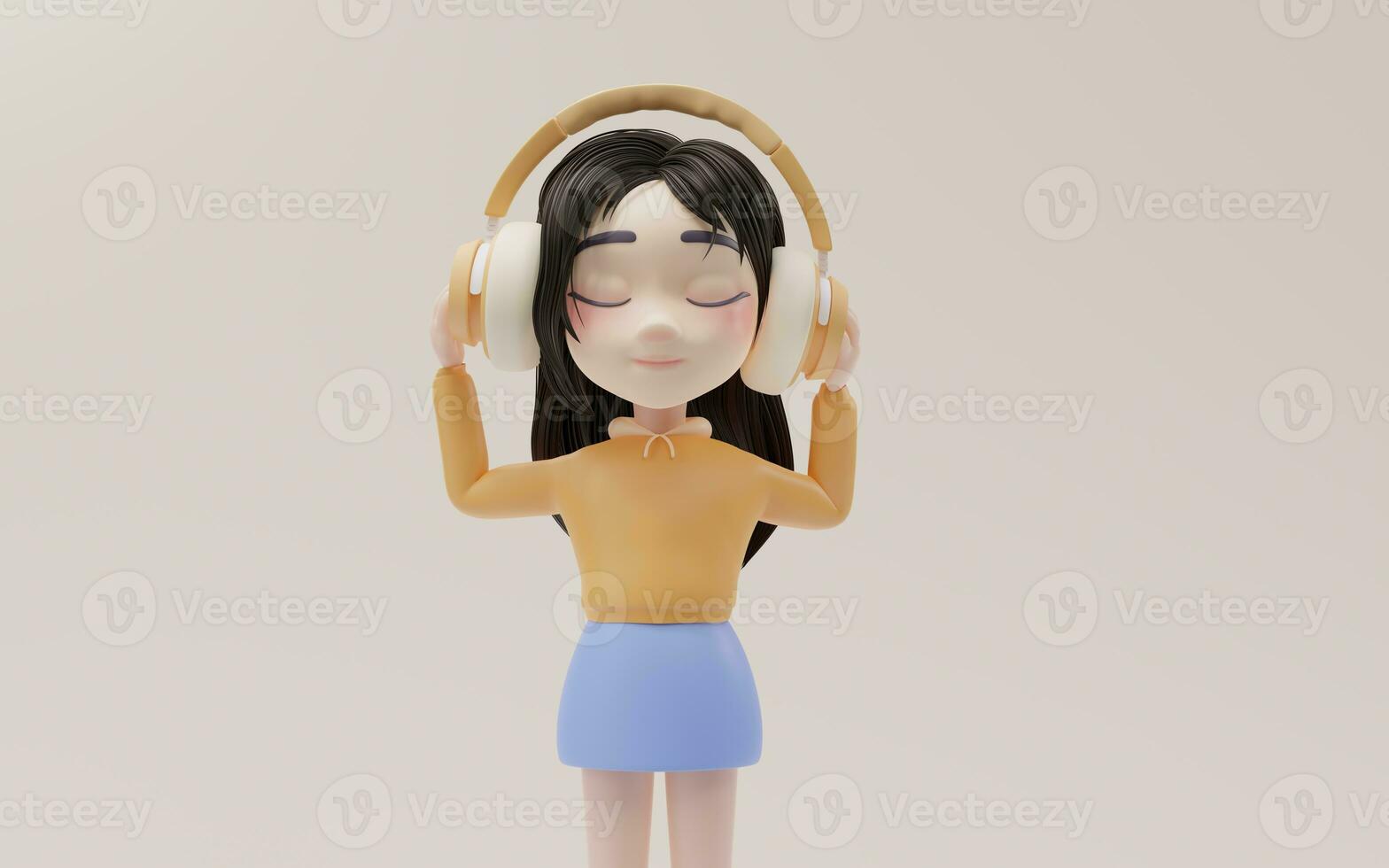 Little girl listening to music with cartoon style, 3d rendering. photo