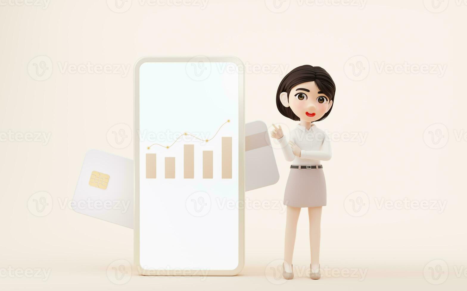 Cartoon girl with bank card, 3d rendering. photo