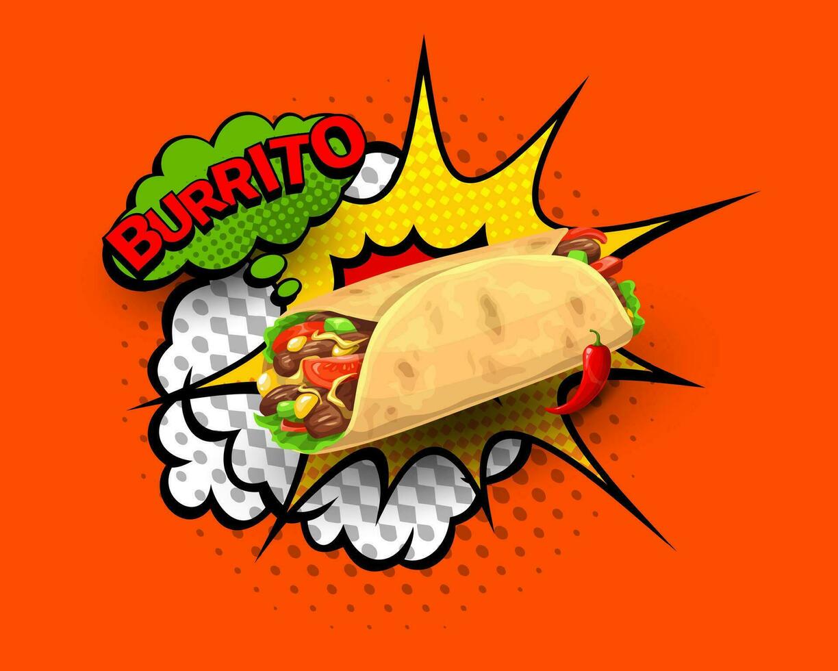 Texas mex mexicano burrito en retro trama de semitonos burbujas vector