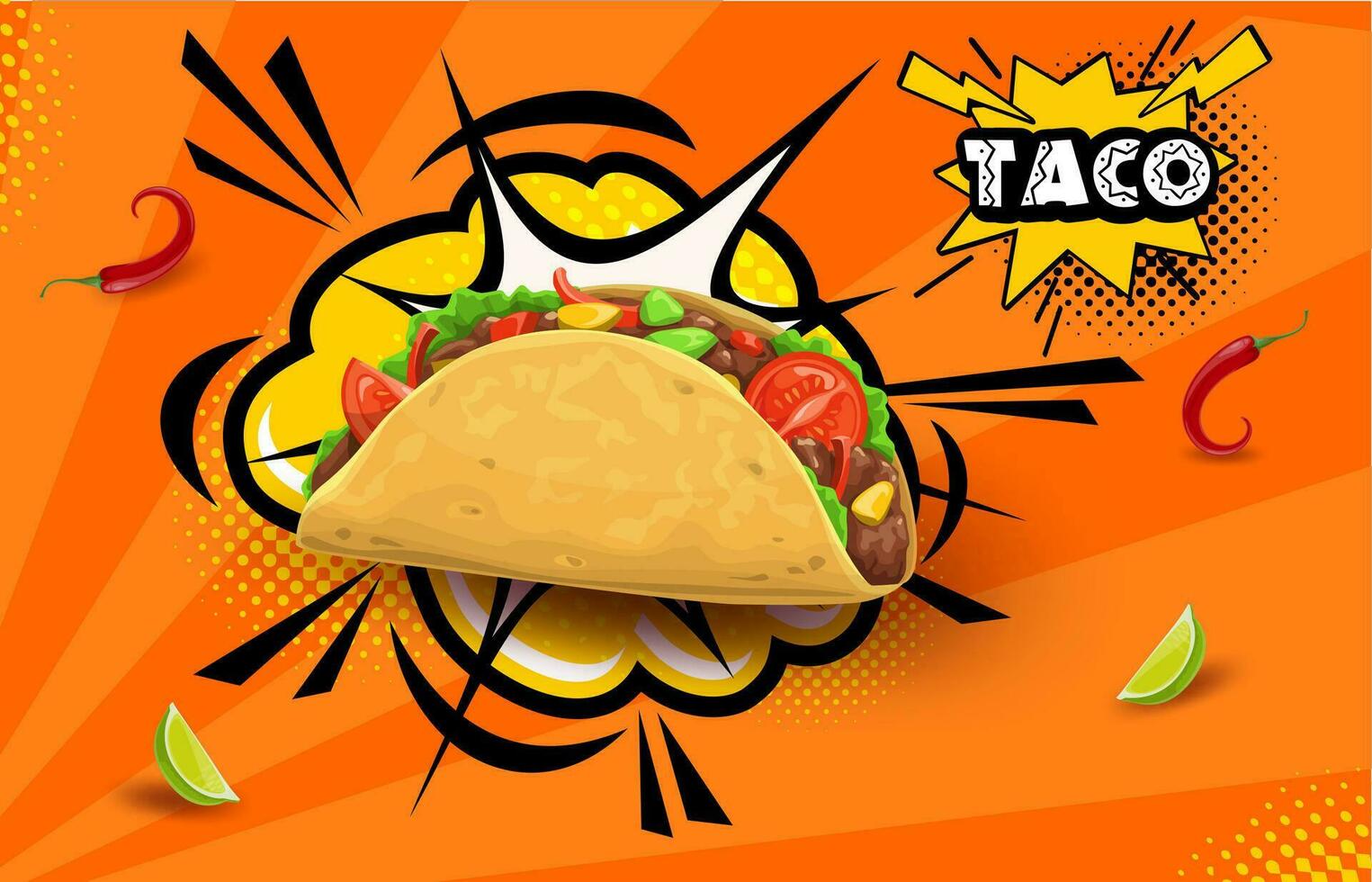 Texas mex mexicano taco en retro trama de semitonos burbujas vector