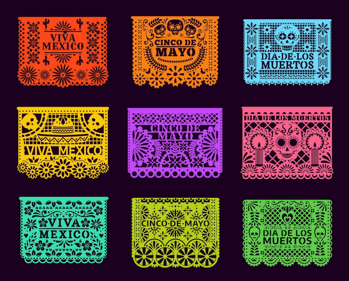 Mexican paper cut holiday flags, papel picado vector