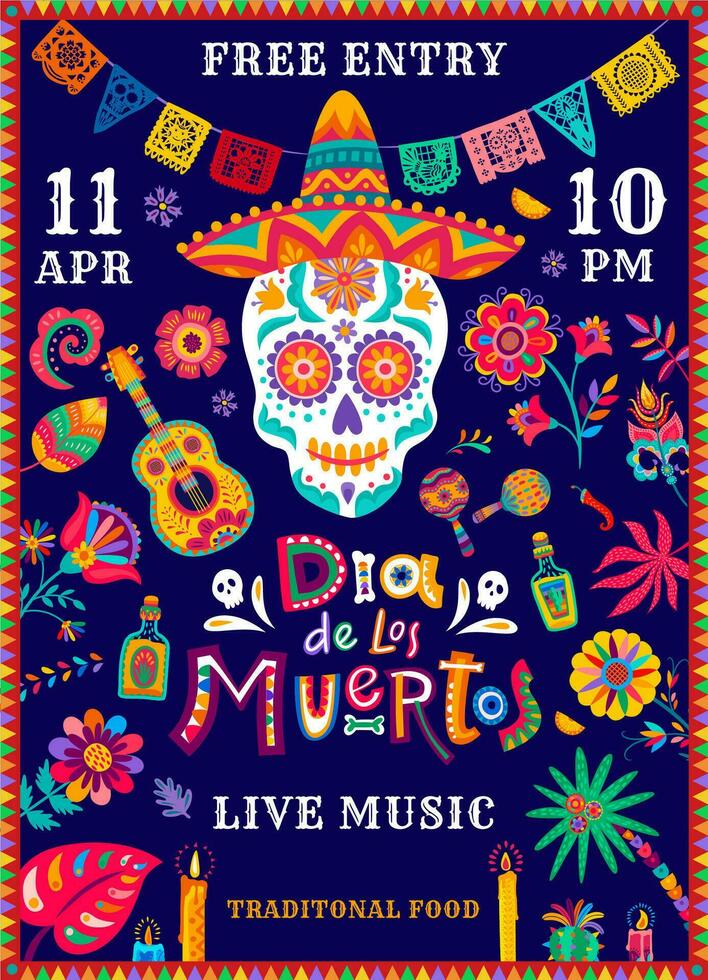 Mexican Dead Day, Dia de Los Muertos fiesta flyer vector