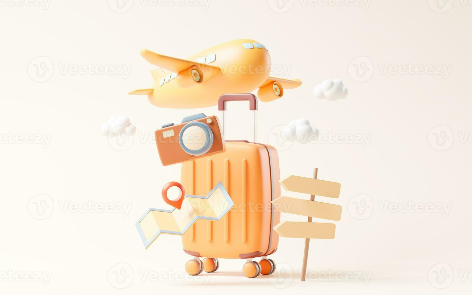 Cartoon style luggage with travel theme, 3d rendering. photo