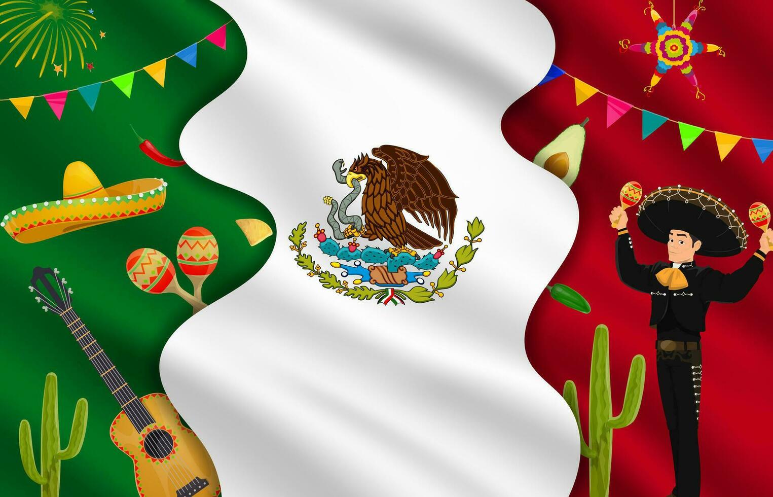 Mexican flag paper cut banner, national characters vector