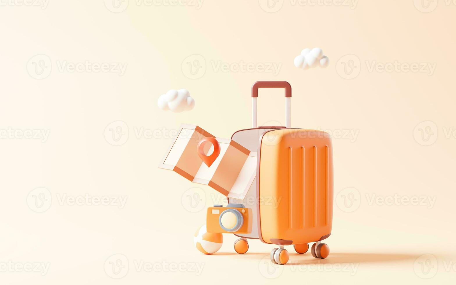 Cartoon style luggage with travel theme, 3d rendering. photo