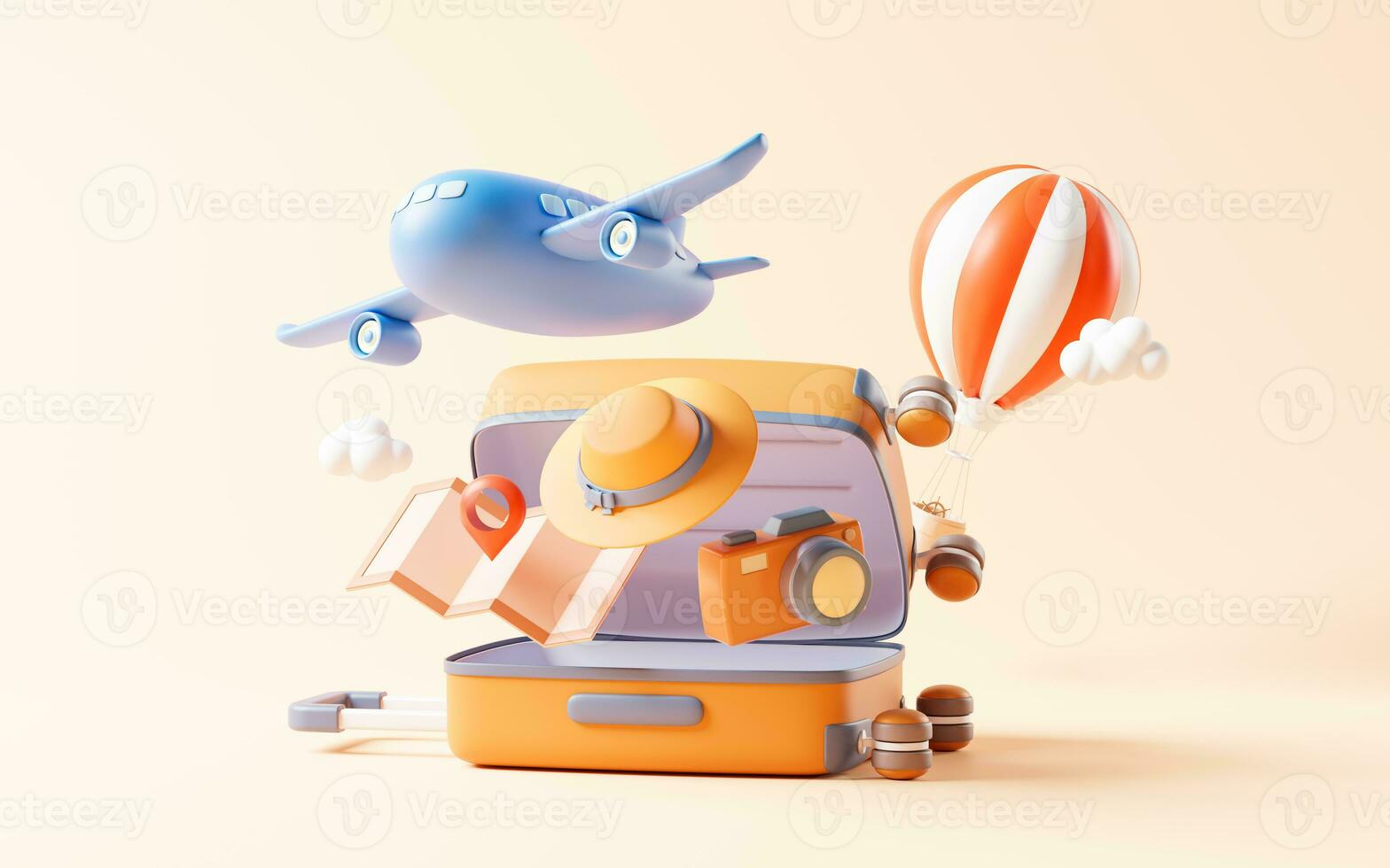 Cartoon style luggage with travel theme, 3d rendering. photo