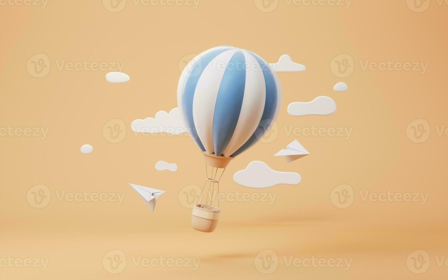 Cartoon hot air balloon with paper airplane, 3d rendering. photo