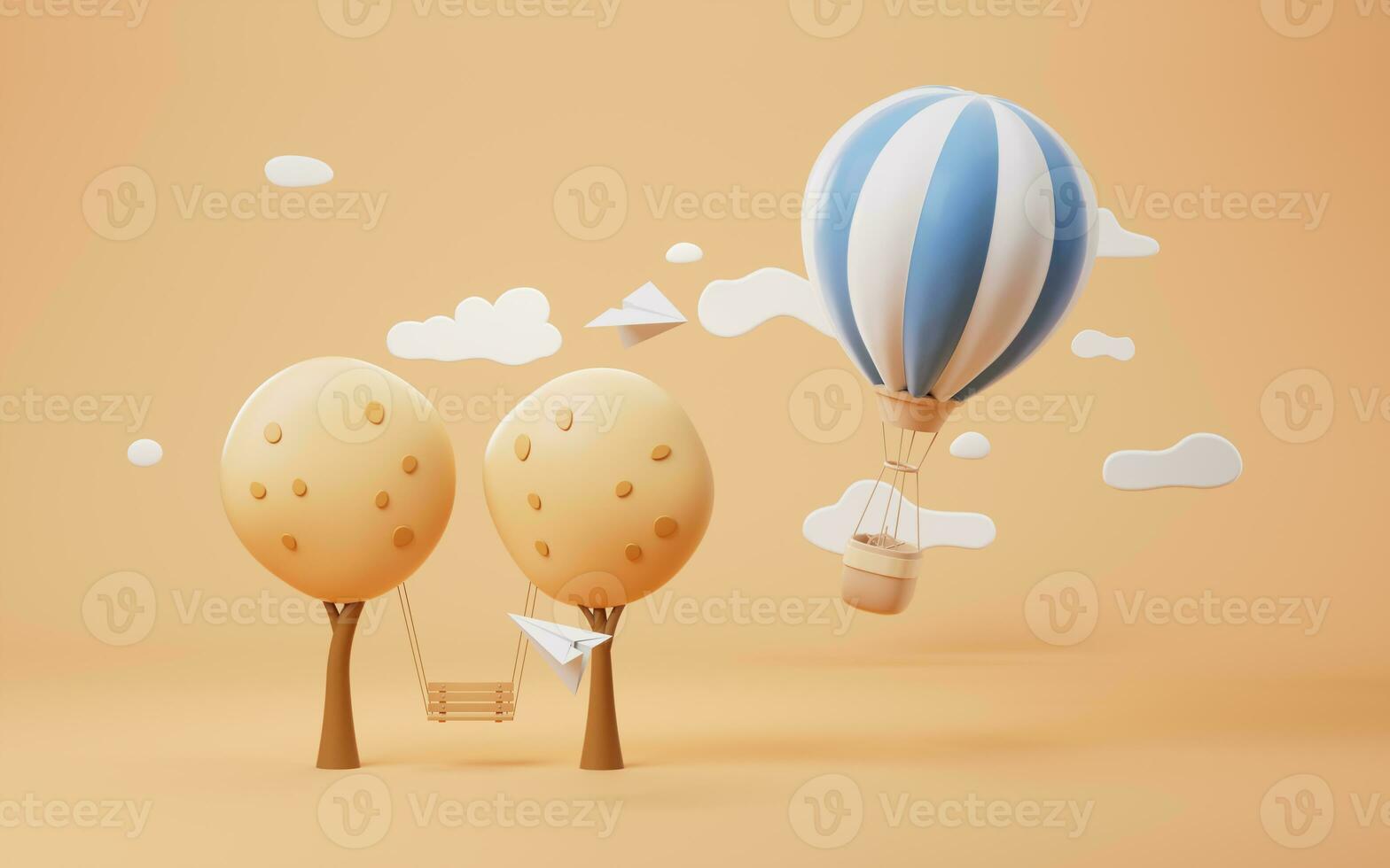 Cartoon hot air balloon with trees scene, 3d rendering. photo