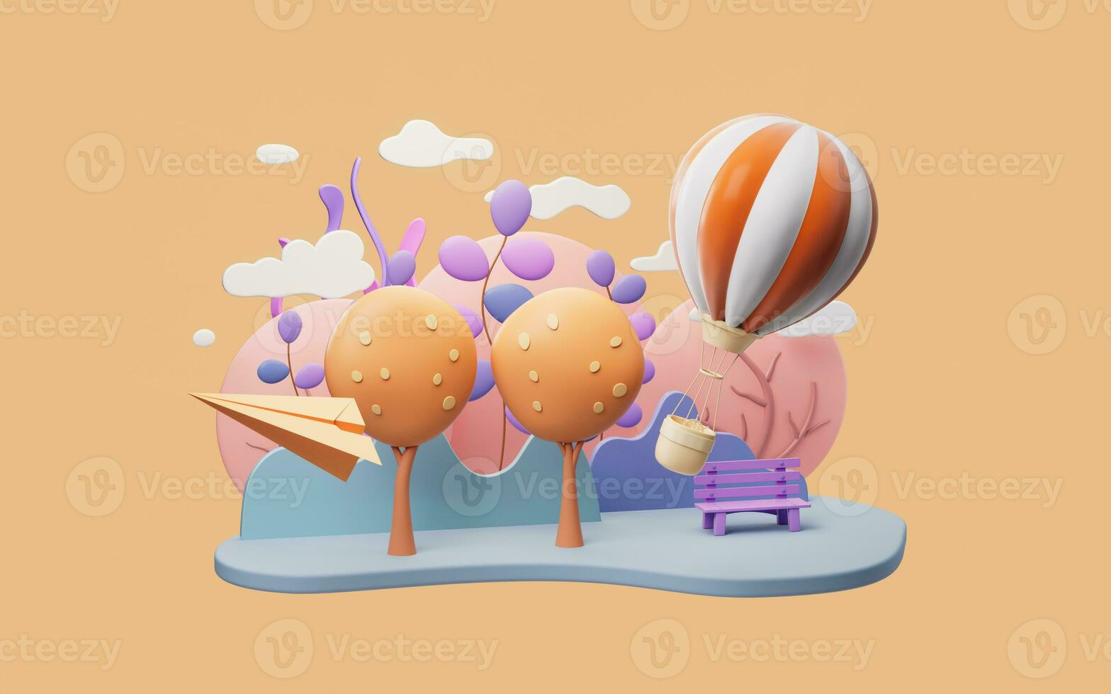 Cartoon hot air balloon with park scene, 3d rendering. photo