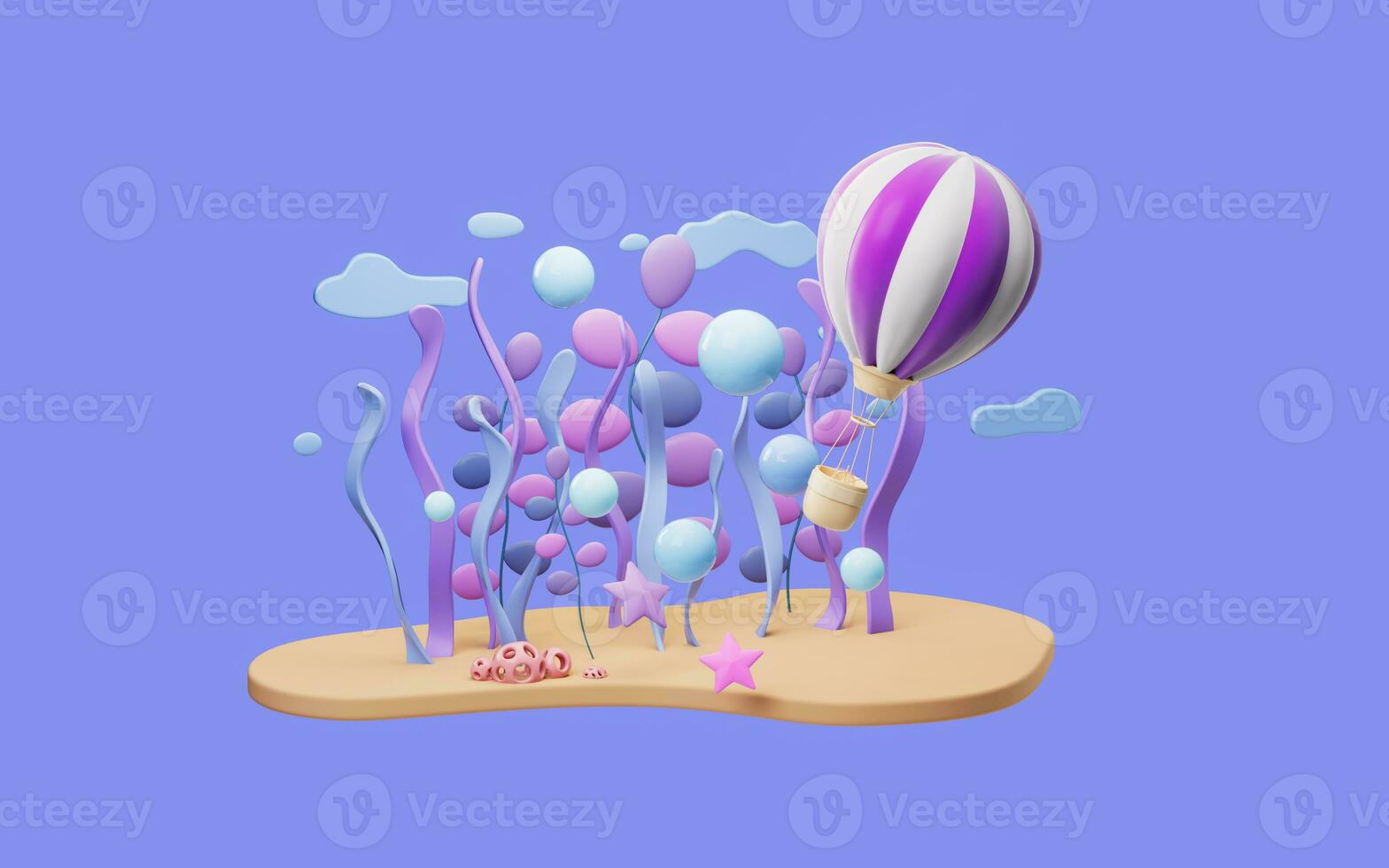 Cartoon hot air balloon with underwater plant scene, 3d rendering. photo