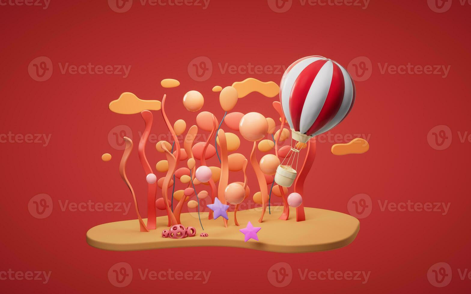 Cartoon hot air balloon with underwater plant scene, 3d rendering. photo