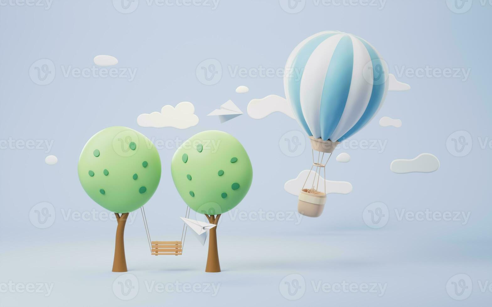 Cartoon hot air balloon with trees scene, 3d rendering. photo