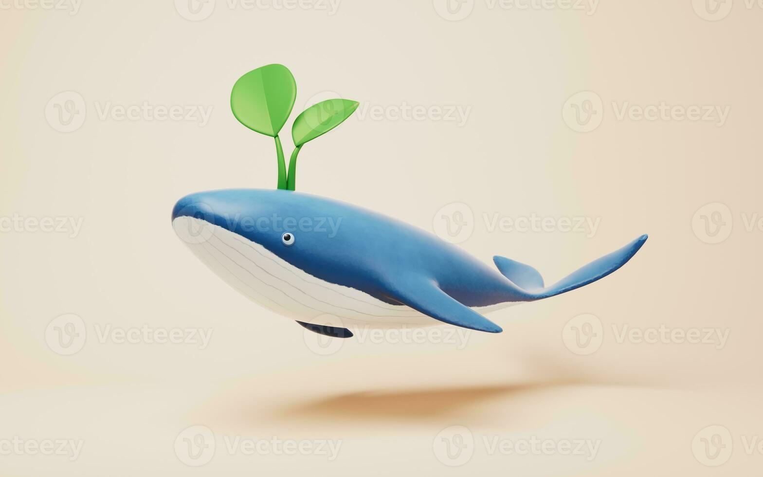 Blue whale with a green Leaf on its head, 3d rendering. photo