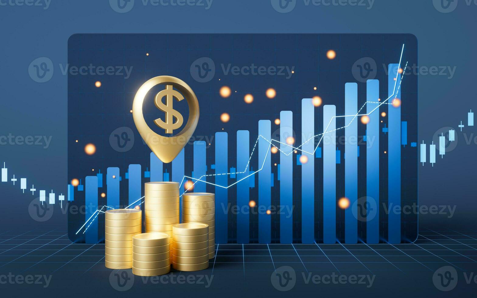 Golden coin with growing financial graph, 3d rendering. photo
