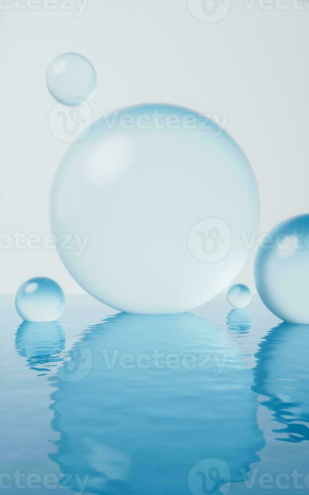 Transparent bubbles with water surface, 3d rendering. photo