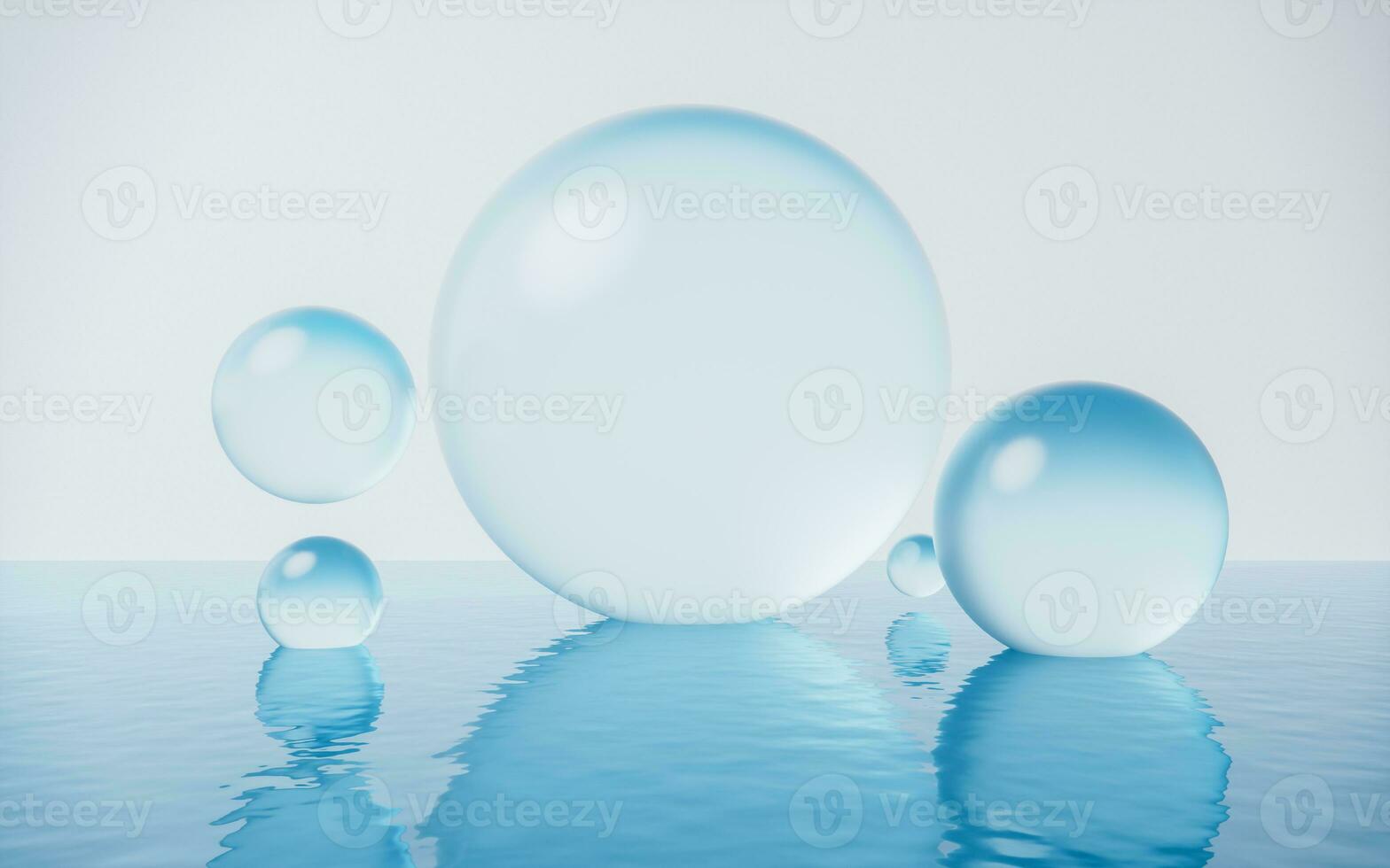 Transparent bubbles with water surface, 3d rendering. photo