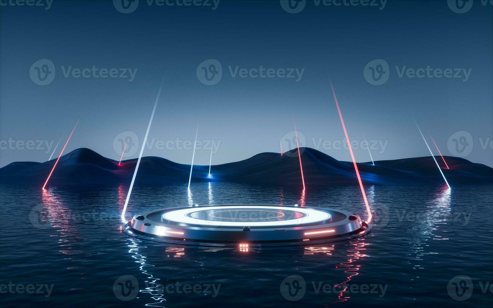 Dark lake with glowing neon lines, 3d rendering. photo