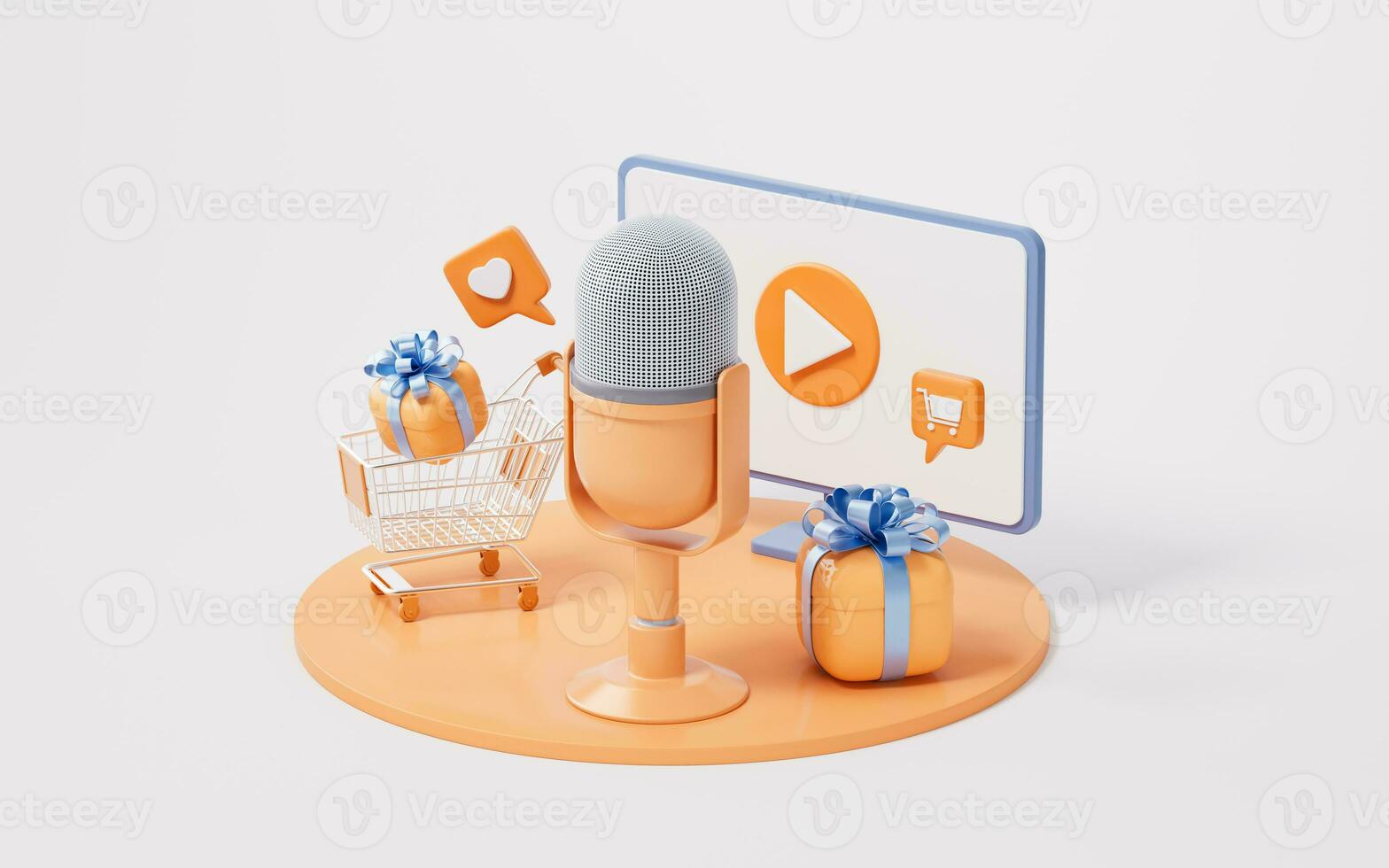 Microphone live streaming and gift boxes, 3d rendering. photo