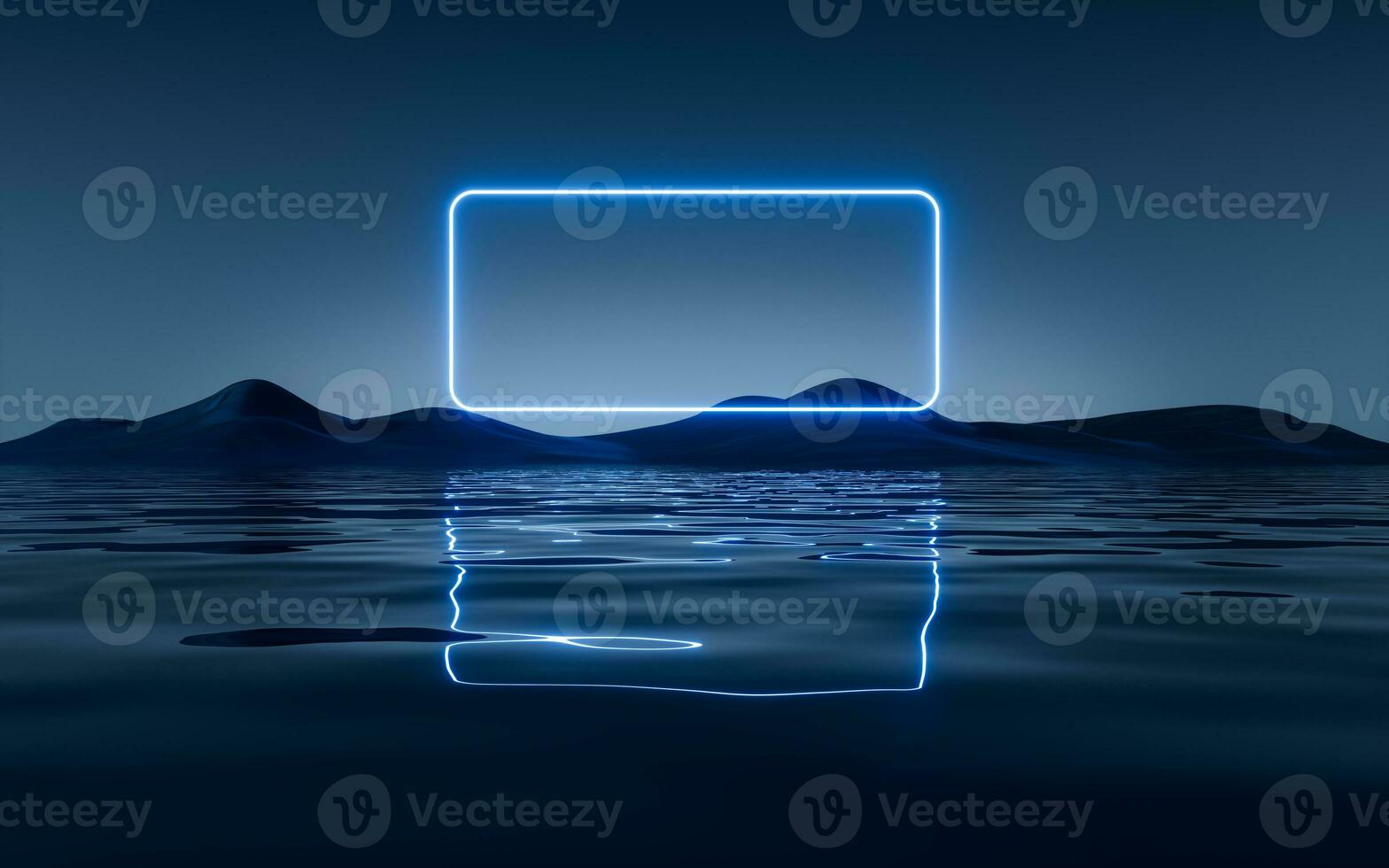 Dark lake with glowing neon lines, 3d rendering. photo