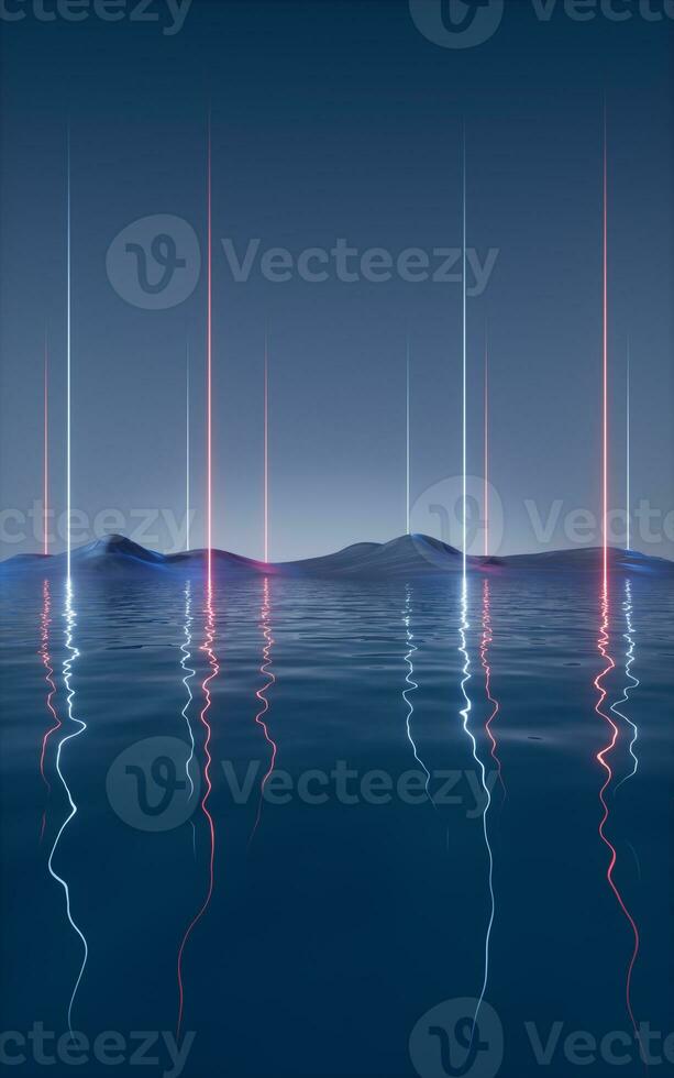 Dark lake with glowing neon lines, 3d rendering. photo