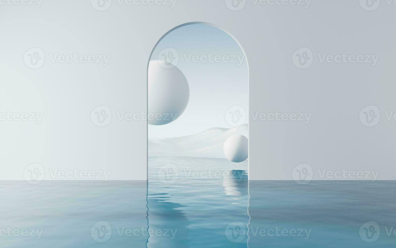 agua superficie con redondo pelotas fondo, 3d representación. foto