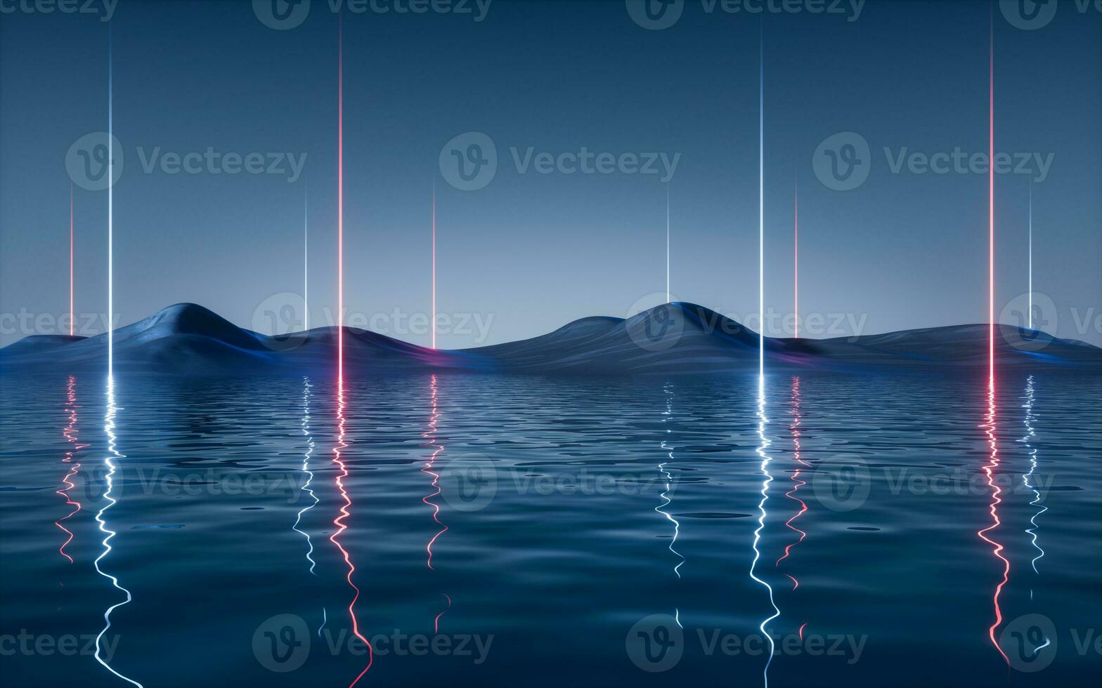 Dark lake with glowing neon lines, 3d rendering. photo