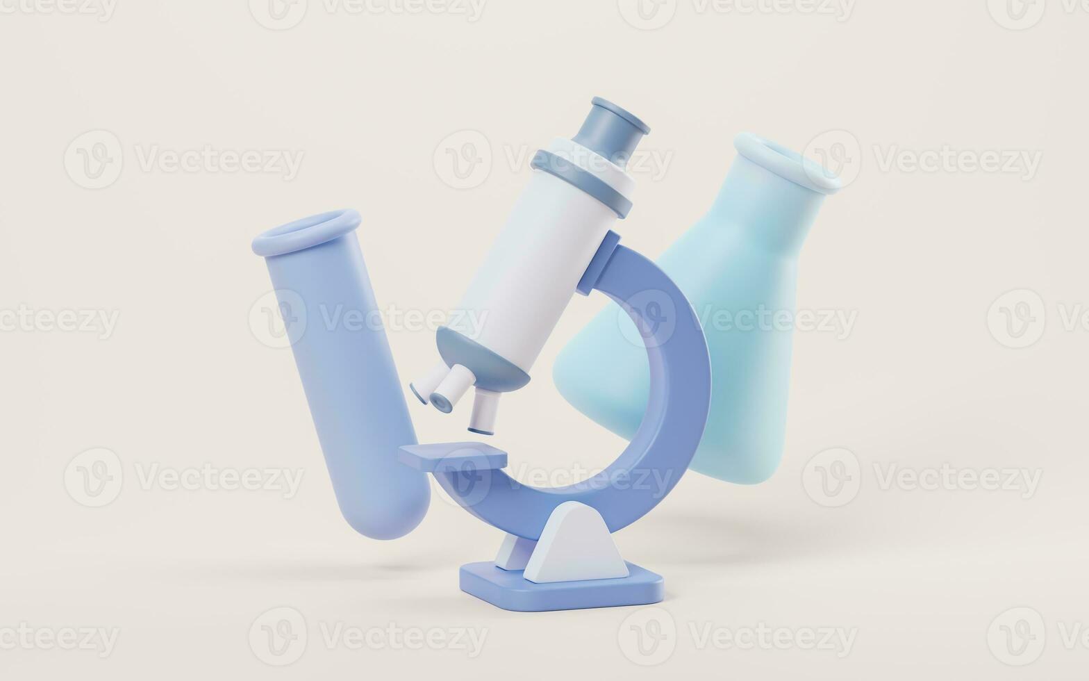 3D cartoon style microscope and chemical vessel, 3d rendering. photo