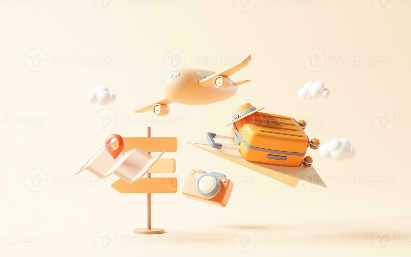 Cartoon style luggage with travel theme, 3d rendering. photo