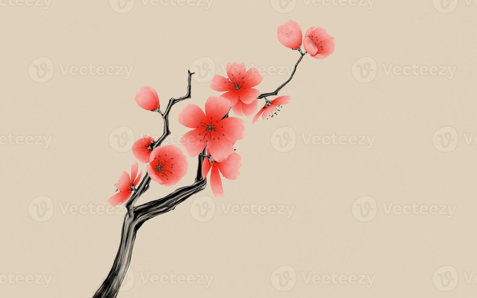 Plum blossom with Chinese ink painting style, 3d rendering. photo