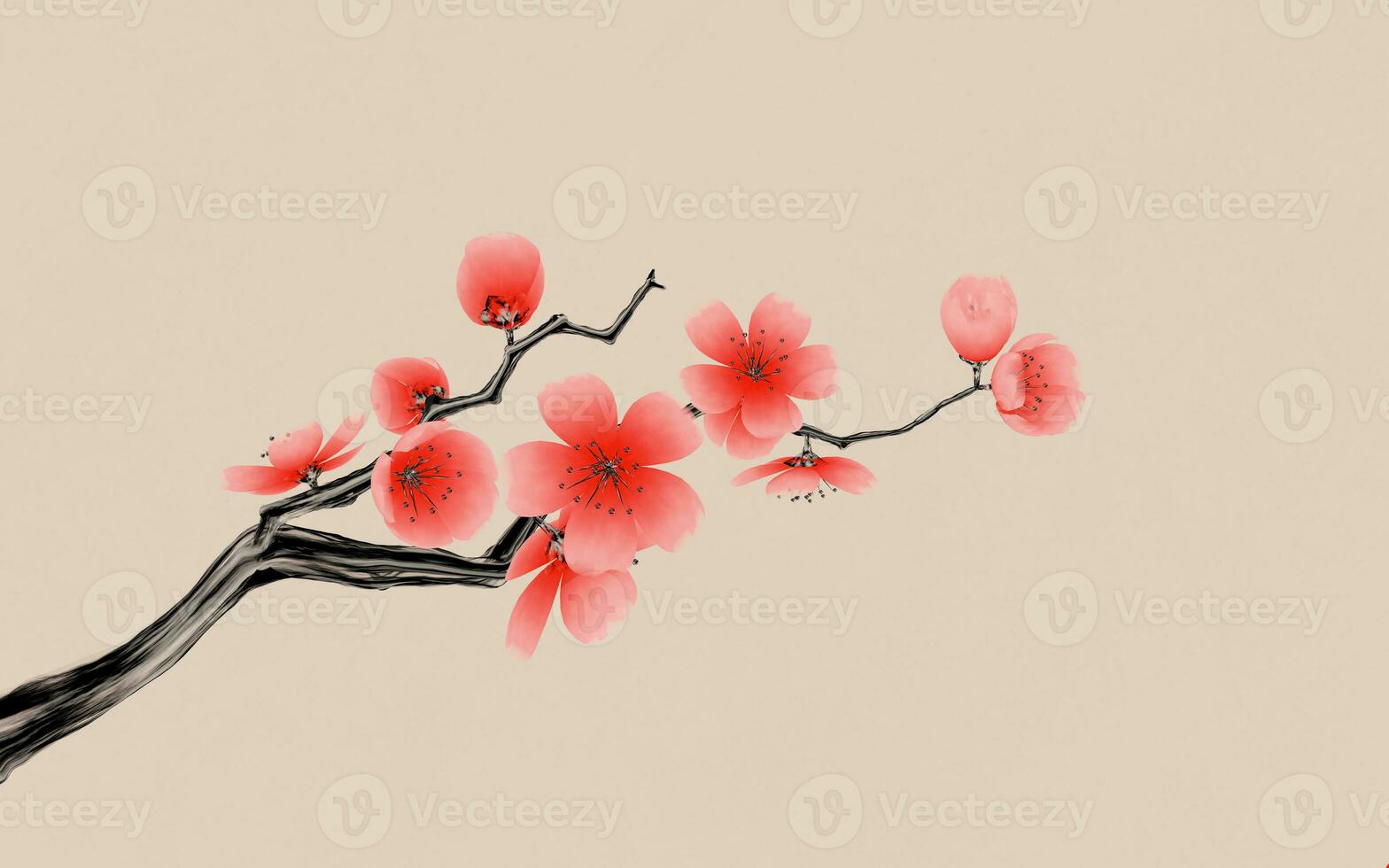 Plum blossom with Chinese ink painting style, 3d rendering. photo
