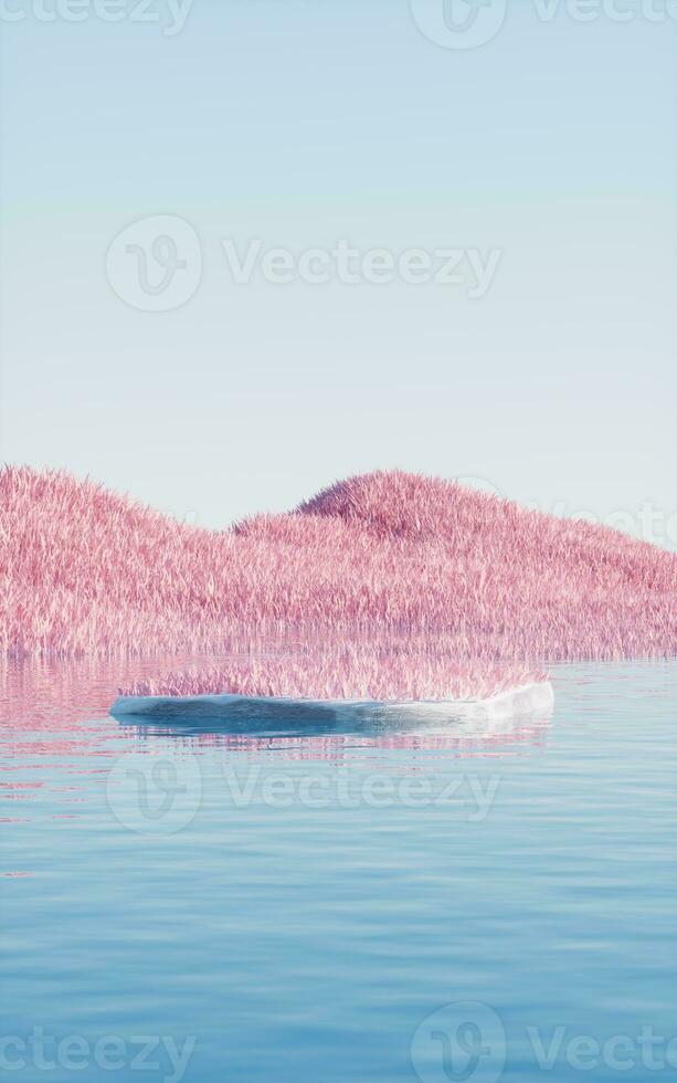 Rock product stage with pink grassland and lakes, 3d rendering. photo