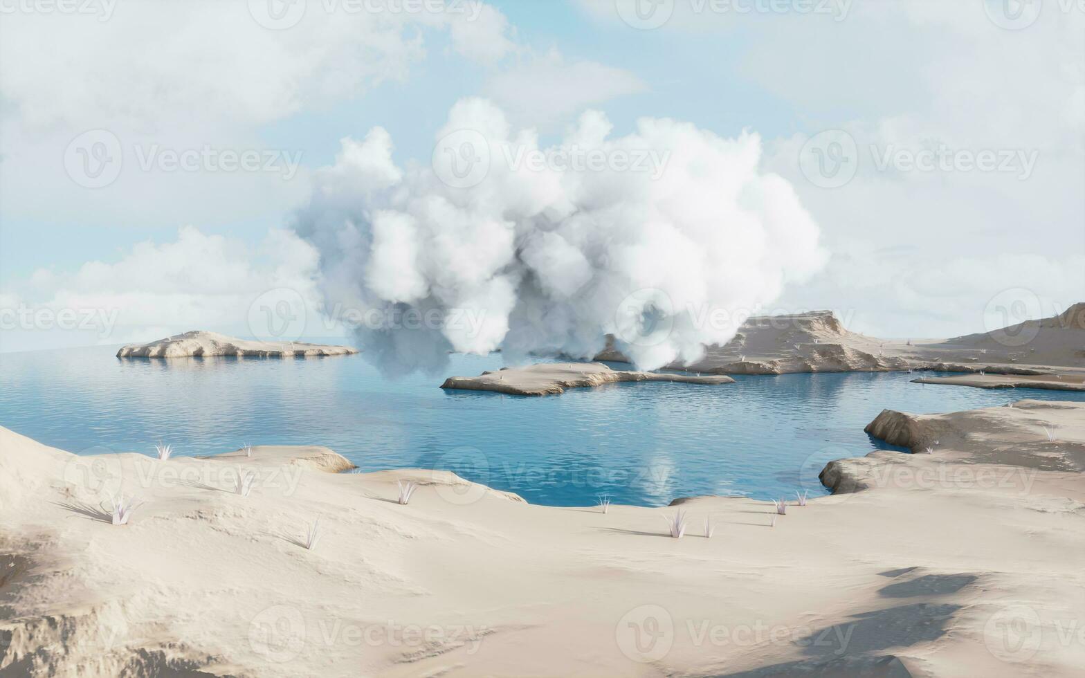Barren land and lakes with cloud floating, 3d rendering. photo