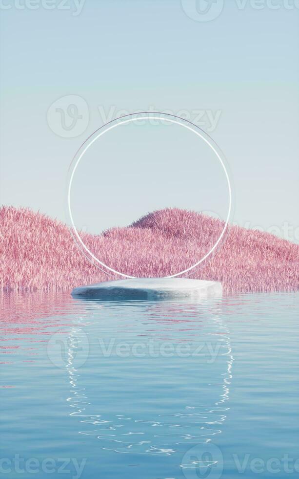 Rock product stage with pink grassland and lakes, 3d rendering. photo