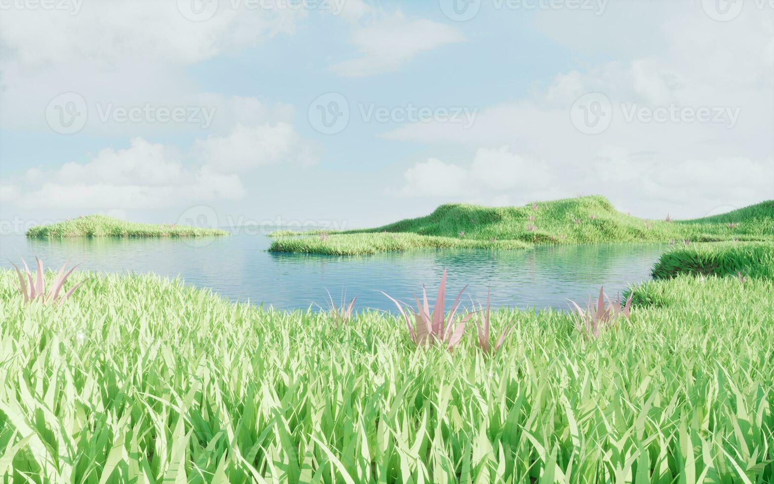 Green grassland with lakes, 3d rendering. photo