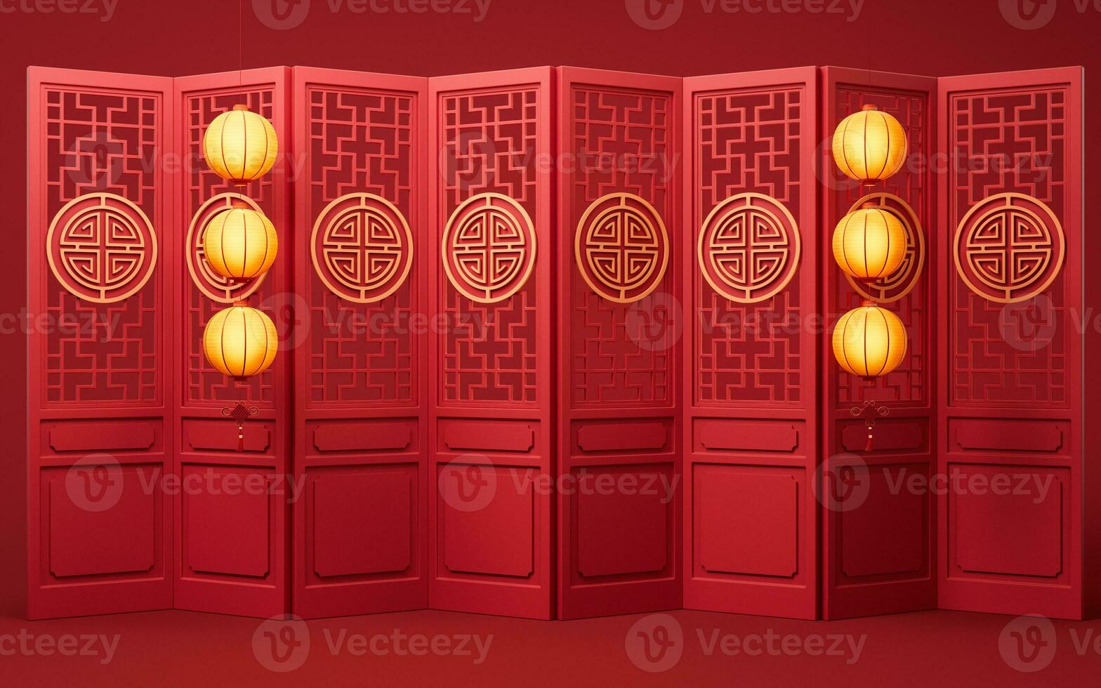Ancient Chinese door with glow lanterns, 3d rendering. photo