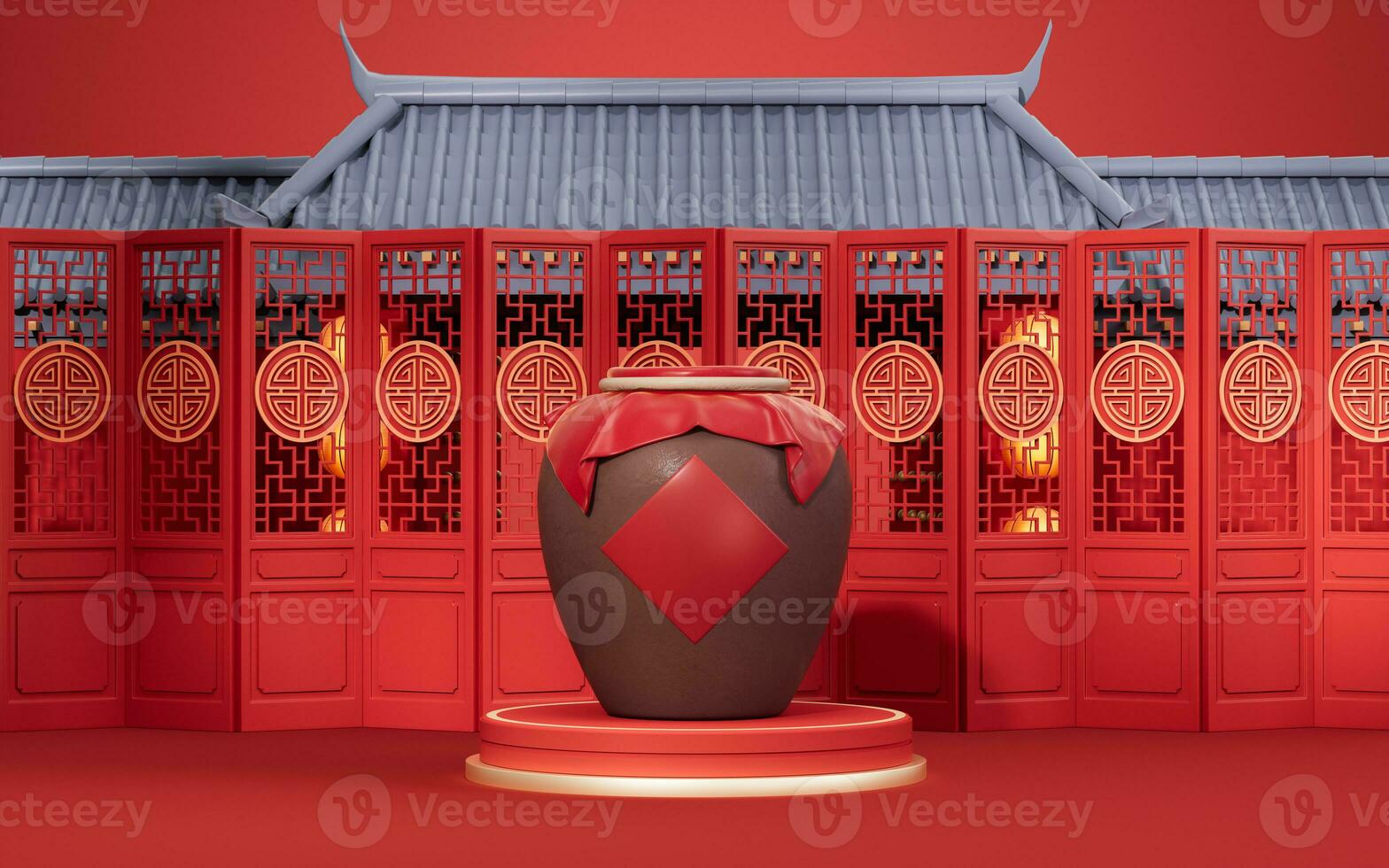 Chinese ancient wine jar with ancient background, 3d rendering. photo