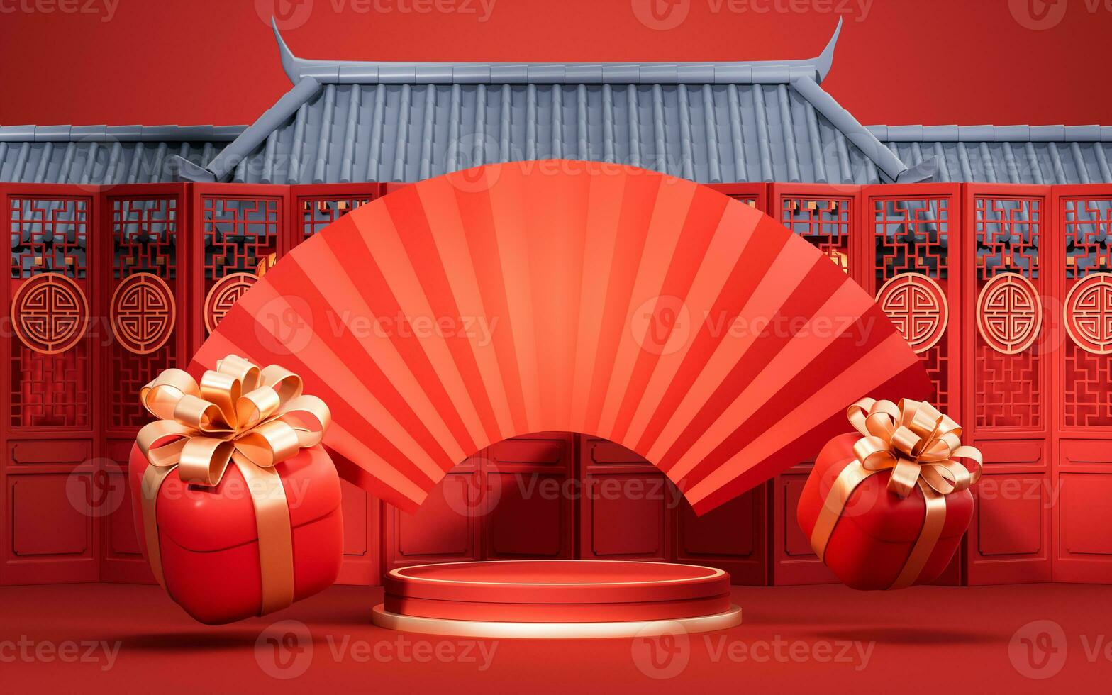 Empty stage with Chinese ancient building, 3d rendering. photo