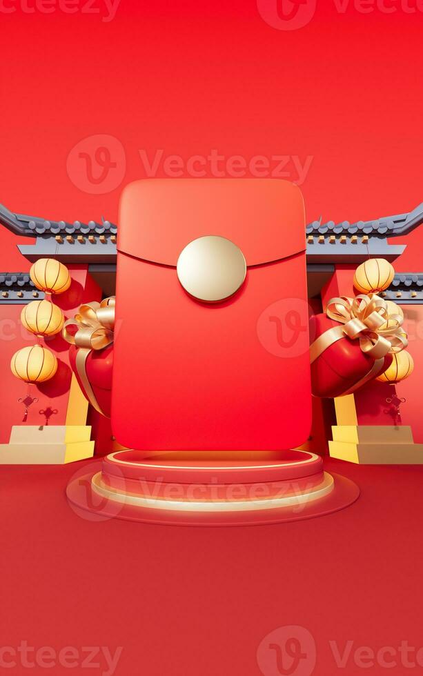 Red package with Chinese ancient building background, 3d rendering. photo