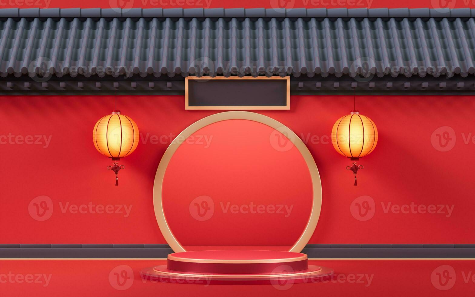 Empty stage with Chinese ancient building, 3d rendering. photo