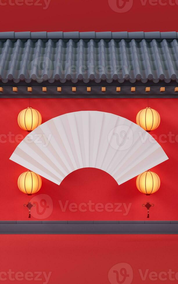 Chinese folding fan with ancient wall background, 3d rendering. photo