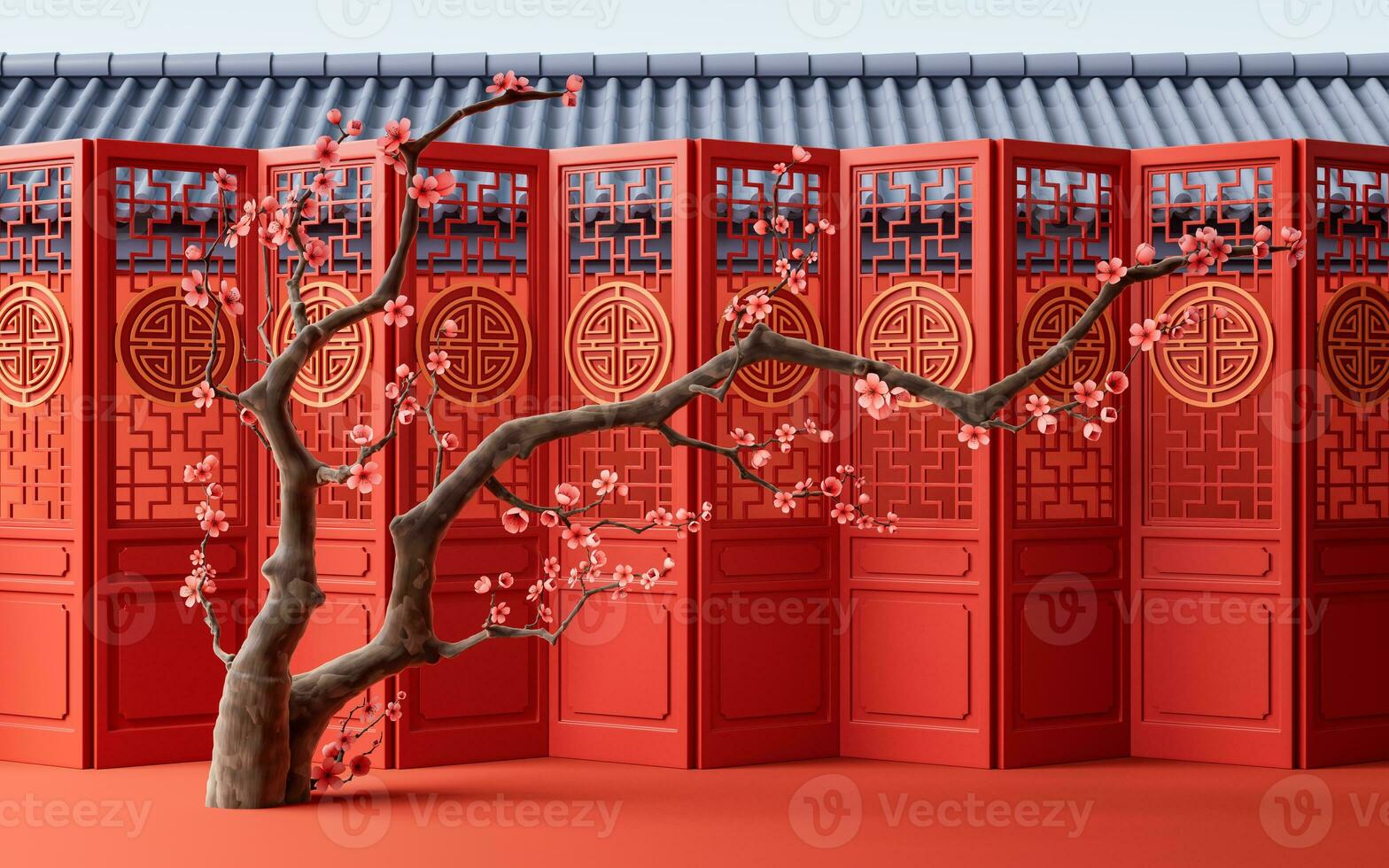 Plum blossom with Chinese ancient doors, 3d rendering. photo