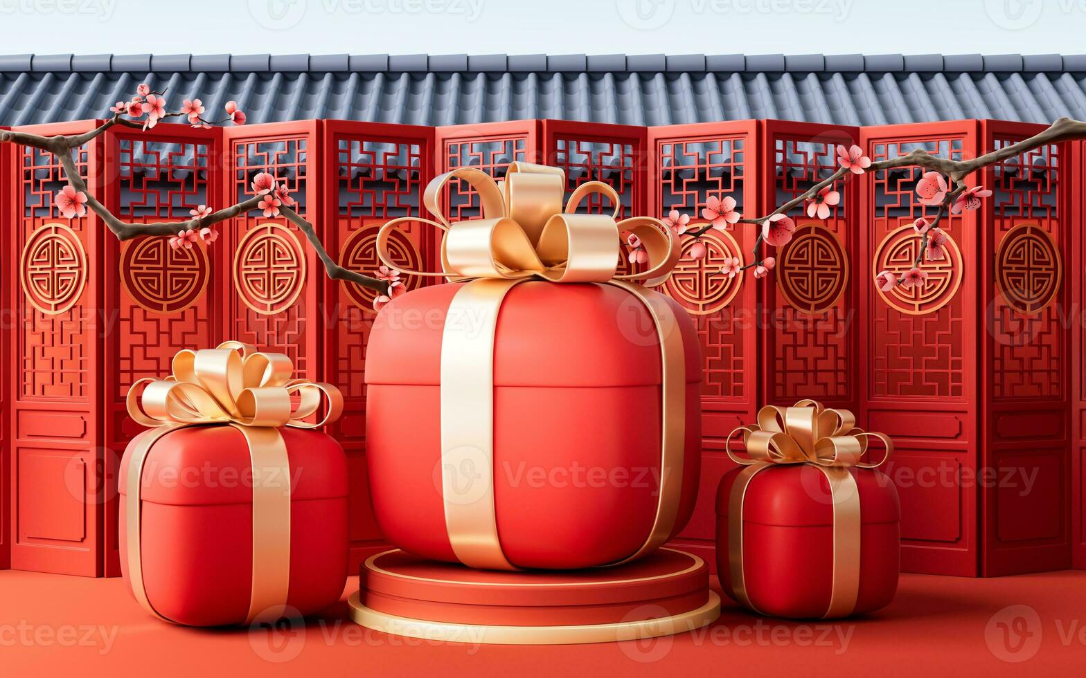 Gift box with Chinese ancient background, 3d rendering. photo