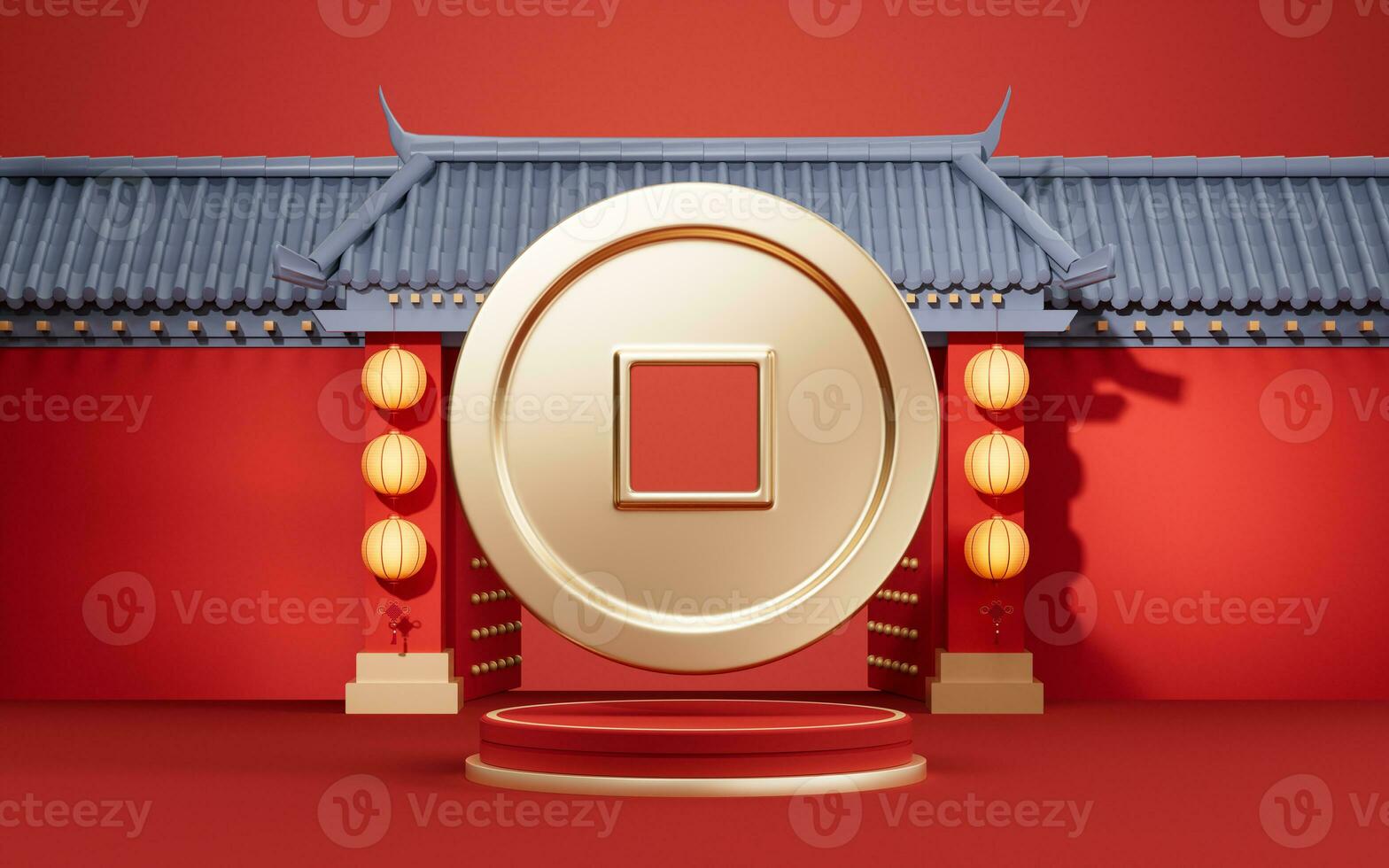 Golden coins with Chinese ancient building background, 3d rendering. photo