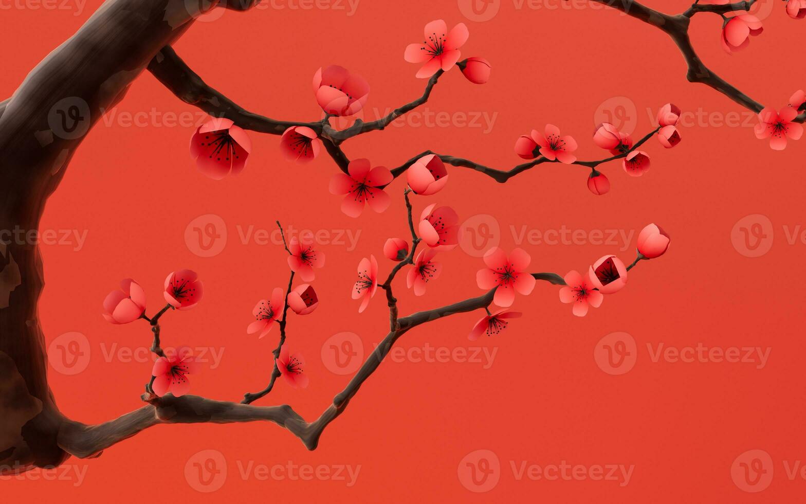 ciruela florecer con rojo fondo, 3d representación. foto
