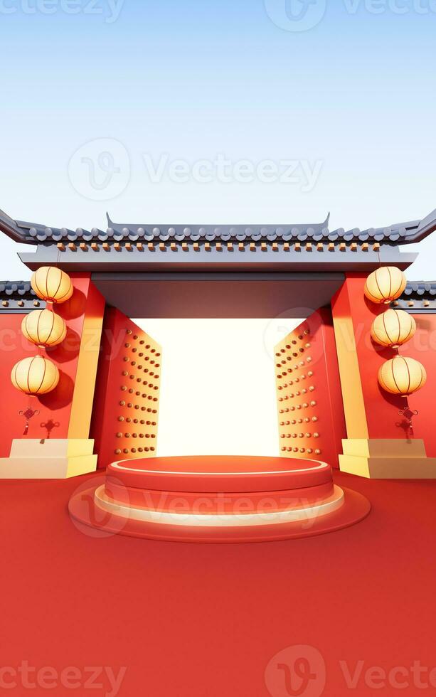 Empty stage with Chinese ancient building, 3d rendering. photo